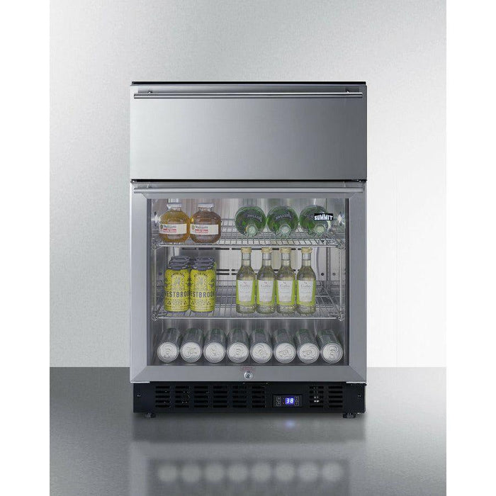 Summit 24 in. Wide Built-In Commercial Beverage Refrigerator With 4.76 cu. ft. Capacity, Top Drawer, Cantilevered Chrome Shelves, Double-Pane Tempered Glass Door - SCR615TD