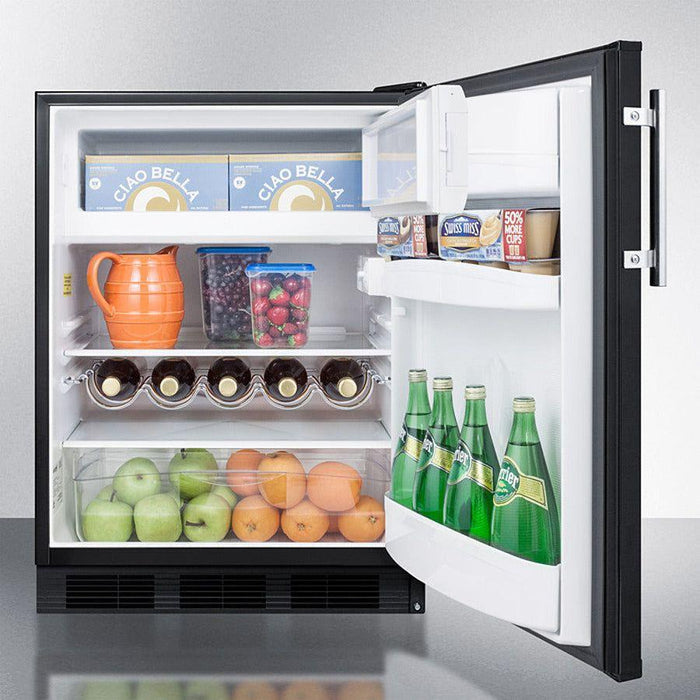 Summit 24 in. Wide Built-In Refrigerator-Freezer with 5.1 cu. ft. Capacity, 2 Glass Shelves, Crisper Drawer, Cycle Defrost, CFC Free, Wine Shelf, Adjustable Glass Shelves, Adjustable Thermostat, Cycle Defrost, Dual Evaporator Cooling - CT663BKBI