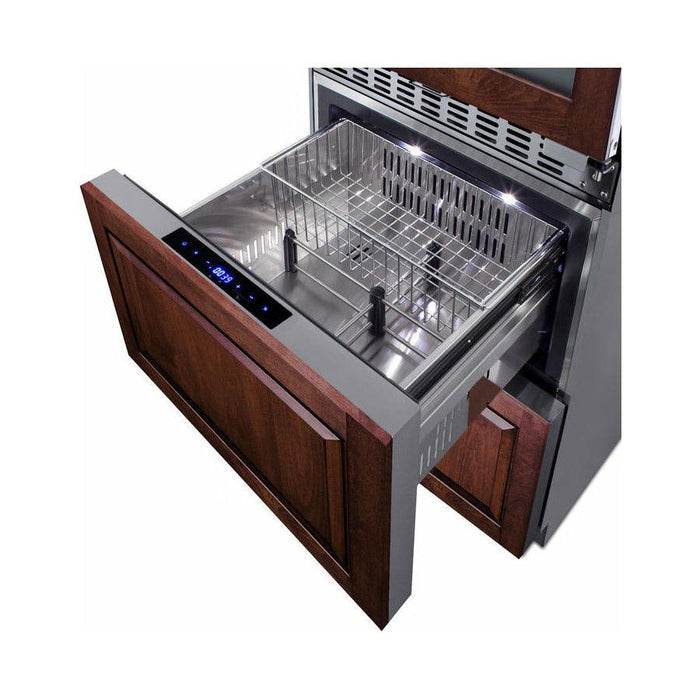 Summit 24 in. Wide Combination Dual-Zone Wine Cellar and 2-Drawer Refrigerator-Freezer (Panels Not Included) with 6 Right Hinge, with Door Lock, Automatic Defrost, CFC Free, LED Lighting, Double Pane Tempered Glass Door - SWCDRF24