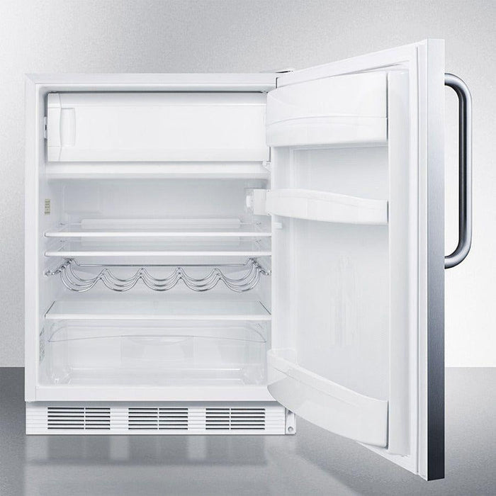 Summit 24 in. Wide Refrigerator-Freezer, ADA Compliant with 5.1 cu. ft. Capacity, 2 Glass Shelves, Right Hinge, Crisper Drawer, Cycle Defrost, Adjustable Glass Shelves, Adjustable Thermostat, CFC Free - CT661WSSTBADA