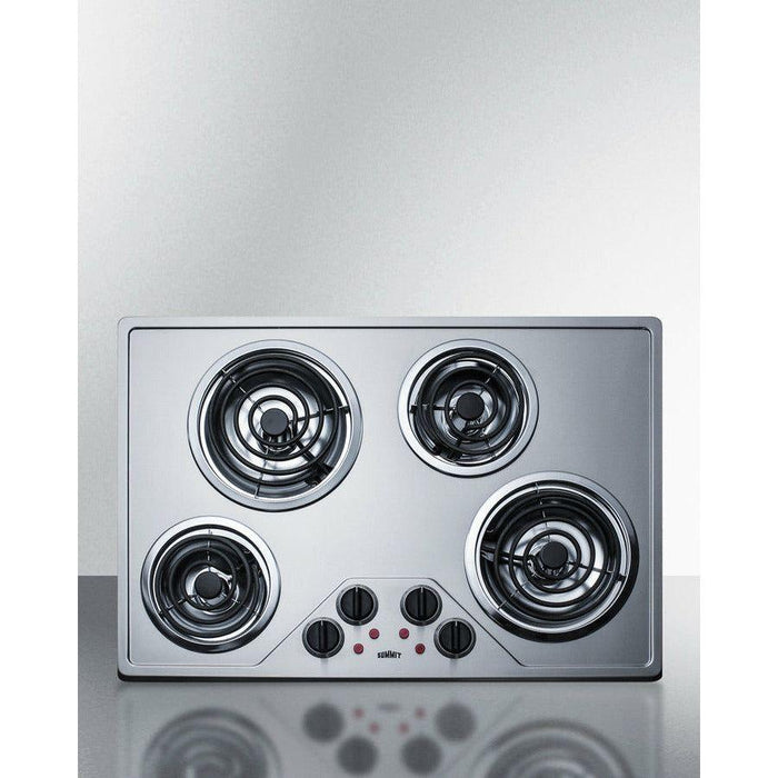 Summit 30 in. Wide 230V 4-Burner Coil Cooktop with 4 Elements, Hot Surface Indicator, ADA Compliant, Push-to-Turn Knobs in Stainless Steel - CR430SS