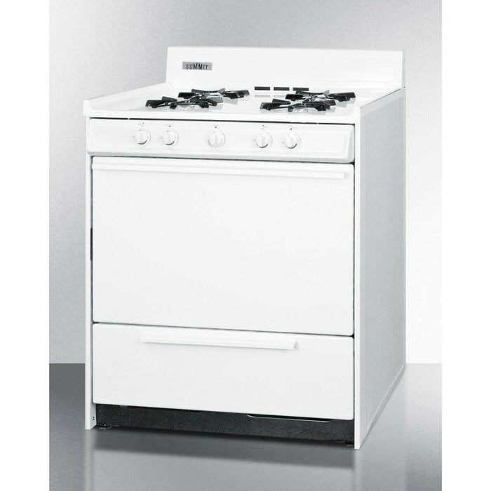 Summit 30 in. Wide Gas Range with Natural Gas, 4 Open Burners, 3.7 cu. ft. Total Oven Capacity, Broiler Drawer, in White - WNM210