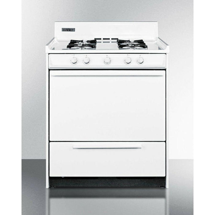 Summit 30 in. Wide Gas Range with Natural Gas, 4 Open Burners, 3.7 cu. ft. Total Oven Capacity, Broiler Drawer, in White - WNM210