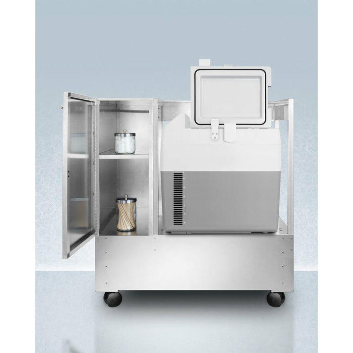 Summit 39 in. Stainless Steel Cart with Portable Refrigerator/Freezer with Door Lock, CFC Free, 304 Stainless Steel Parts, SPRF36 Refrigerator-Freezer, Digital Thermostat - SPRF36LCART