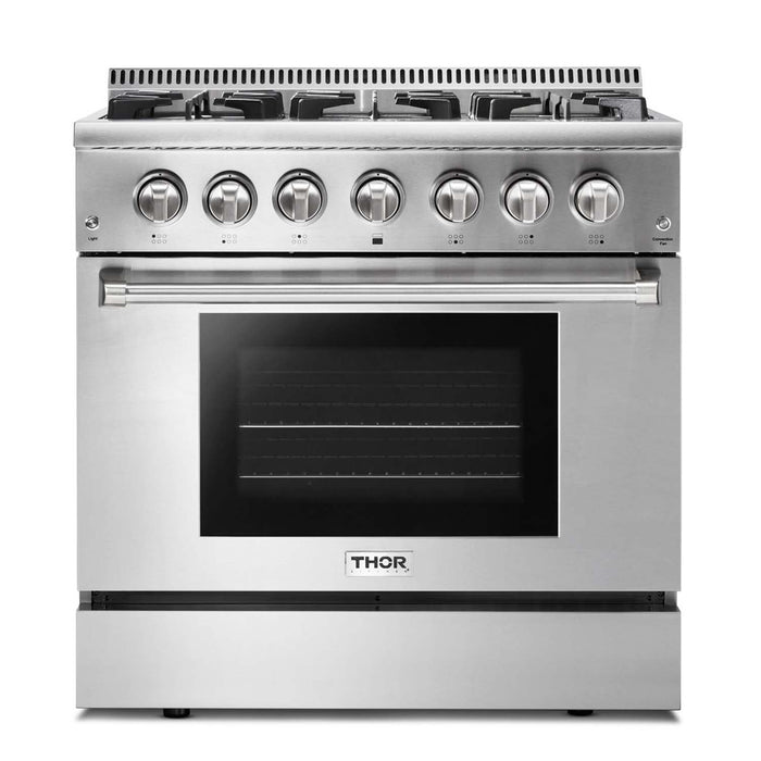 Thor Kitchen 2-Piece Pro Appliance Package - 36-Inch Dual Fuel Range & Pro-Style Wall Mount Hood in Stainless Steel