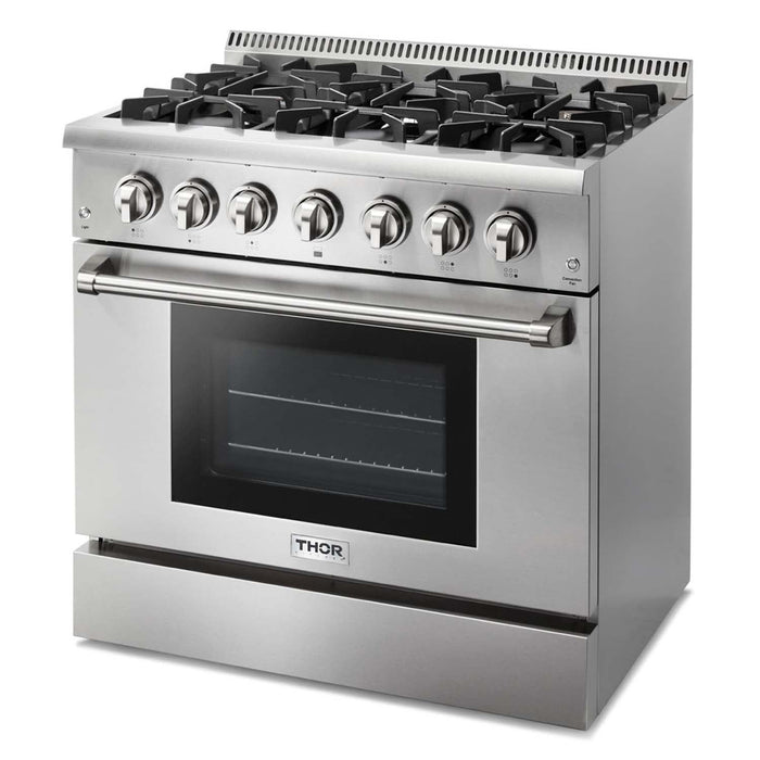 Thor Kitchen 2-Piece Pro Appliance Package - 36-Inch Dual Fuel Range & Pro-Style Wall Mount Hood in Stainless Steel